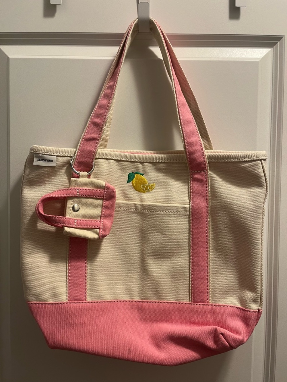 Lands' End Medium 5 Pocket Zip Top Canvas Tote in Natural/Fresh Pink with Lemon